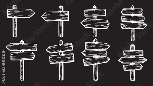 Set of old wooden blank cartoon sign boards, vector illustration