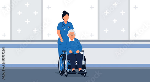 Nurse pushing elderly woman in wheelchair in hospital corridor, medical care concept