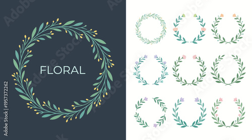 Set of decorative floral wreaths and greenery borders with watercolor botanical illustrations on a dark blue background.