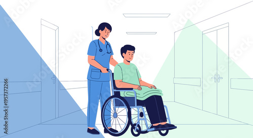 Nurse pushing patient in wheelchair down hospital corridor, healthcare concept