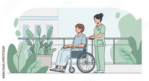Nurse pushing patient in wheelchair on balcony with plants, healthcare, support, senior care
