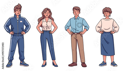 Diverse group of four young adult characters standing with hands on hips