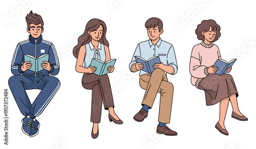 Young adults and mature adults reading books together