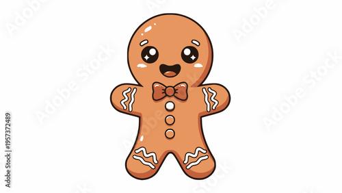 Cute gingerbread man smiles with a bow tie.