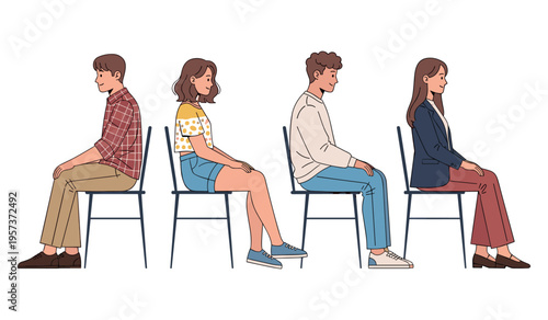 Diverse group of young adults seated on chairs in various outfits, side view