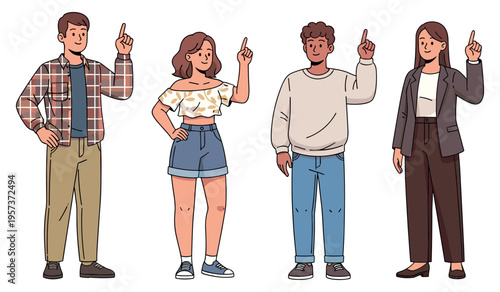 Diverse group of young adults pointing upward