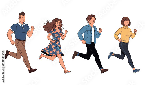 Four diverse young adults running joyfully together in casual attire