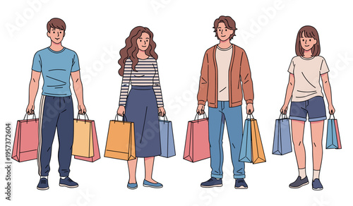 Group of young adults shopping with bags