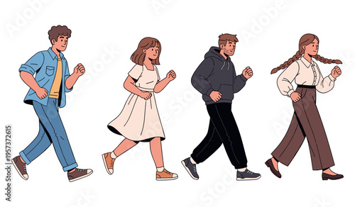 Cartoon characters walking: young caucasian male and female group in casual outfits