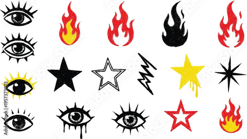 Set of silhouette flame and fire in vintage style. Hand drawn engraved monochrome bonfire sketch. 