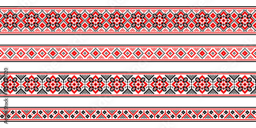 Ukrainian embroidery seamless pattern set, black and red cross stitch abstract geometric vector ornament isolated on white, Vyshyvanka Day