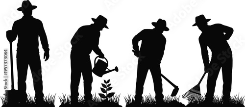 Four Silhouettes of Men Gardening with Tools and Plants farmer