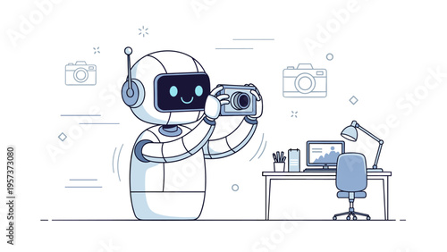Cartoon robot photographer in office setting with camera and laptop