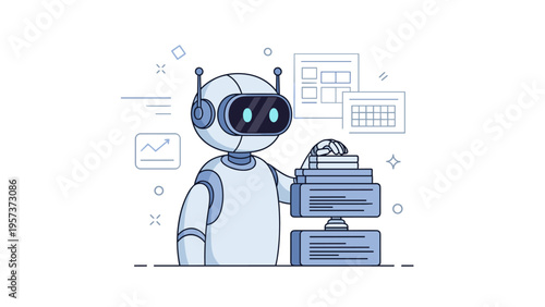 Cute robot analyzing data with graphs and charts in a futuristic environment