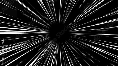 Manga-style speed lines motion graphic on a black screen with radial zoom burst effects, designed as a comic action velocity lines overlay with smooth animated flow and high energy visuals in 4k