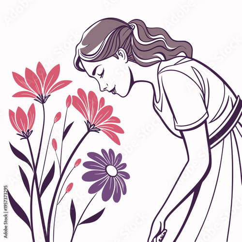 Woman smelling pink and purple flowers gardening smelling flowers