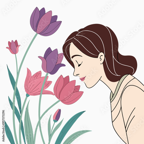 Woman smelling pink and purple tulips flowers gardening