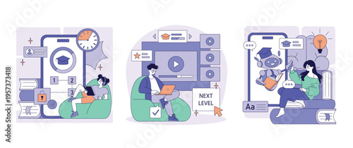 Online Learning Concepts with Students and AI Illustration