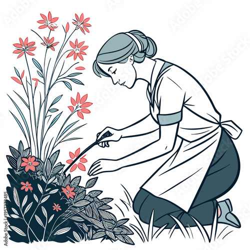 Woman kneeling and pruning pink flowers green leaves