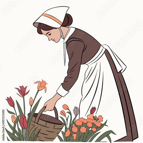 Woman in apron and bonnet picking flowers gardening