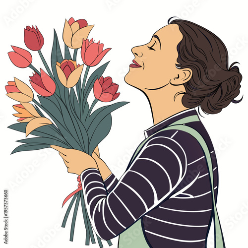 Woman smelling tulips flowers bouquet white background