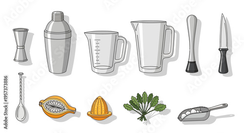 Bartending Tools and Fresh Ingredients Set for Cocktail Preparation
