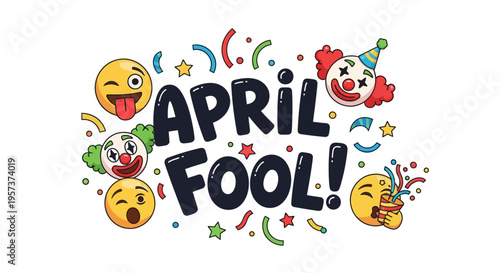April fool's day emotive emoji graphic with colorful confetti