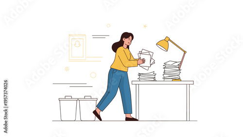 Young caucasian female organizing office papers at desk