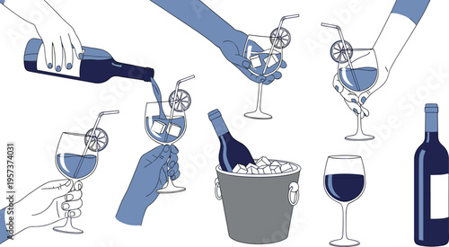 Hands pouring and holding drinks with ice and bottles cocktail wine