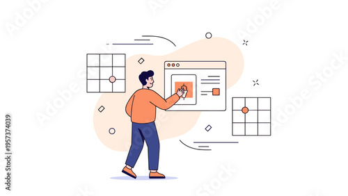 Young caucasian adult male interacting with web interface graphic design