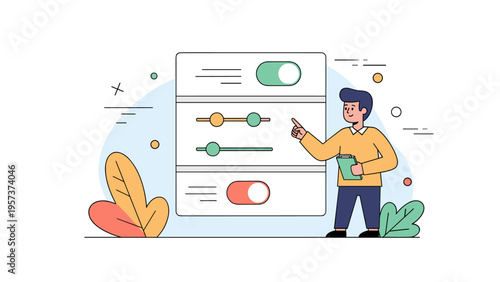 Young male adjusting settings on digital interface with colorful design elements