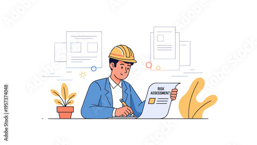 Young caucasian male engineer conducting risk assessment at desk in office setting