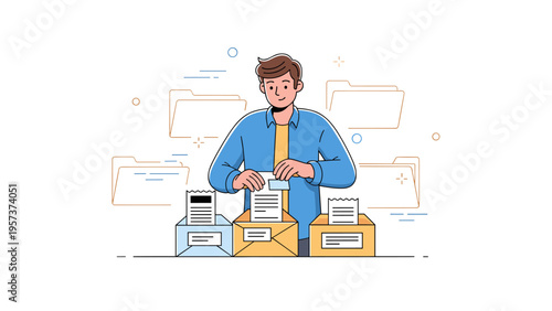 Young caucasian male filing documents into envelopes with folders in background