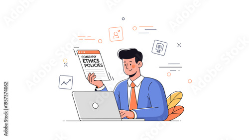 Young adult caucasian male reviewing company ethics policies at laptop