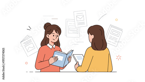 Two young caucasian females engaged in book discussion