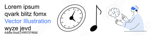 Time management, music, education, artificial intelligence, futuristic science, cognitive research. A clock, musical note and person interacting with a brain diagram. Time management and artificial