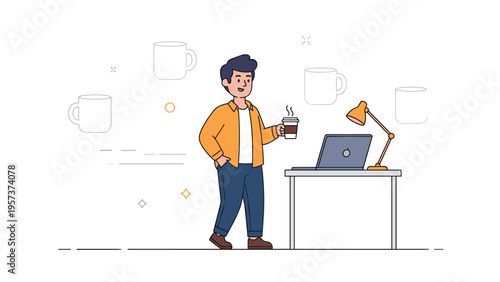 Young caucasian male enjoying coffee break at work desk with laptop