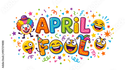April fools day colorful illustration with laughing emojis and confetti