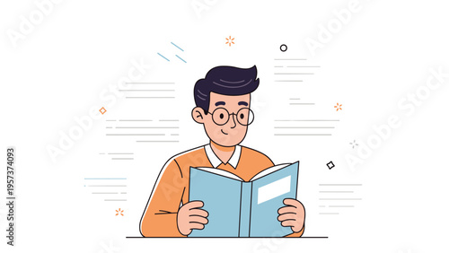 Illustration of young male reading a book calmly