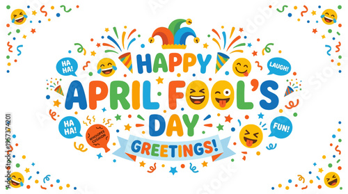 Vibrant april fools' day greeting with emoticons and fireworks