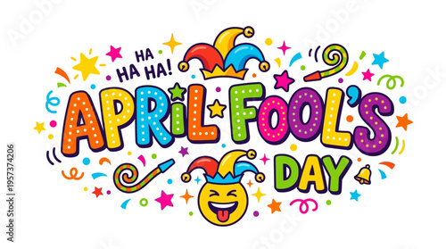 Vibrant april fools' day graphic with jester hats and colorful text