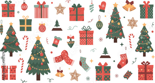 Christmas Decoration Elements Collection with Trees, Gifts, Ornaments, Candy Canes, and Festive Holiday Symbols for Seasonal Design and Celebration Projects.