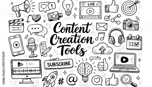 Content creation tools icon set for social media marketing and blogging