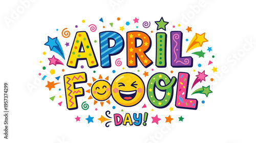 Vibrant april fool's day graphic with smiling face and colorful stars
