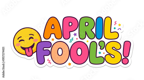 Colorful april fools' day graphic with smiling emoji