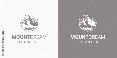 Mountain and canoe vector logo design with modern, simple, clean and abstract style.