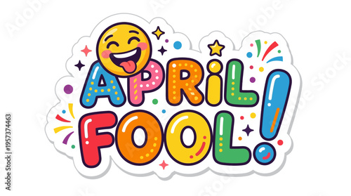 Colorful april fools' day sticker with smiling emoji
