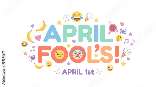 Vibrant april fools' day graphic with colorful text and emojis