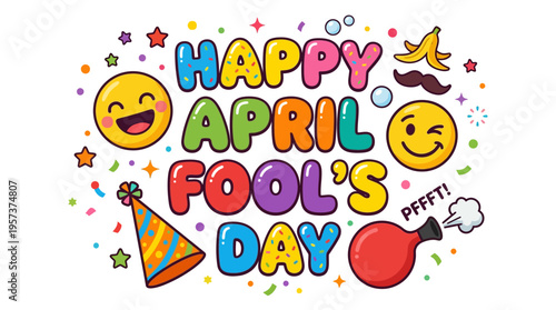Vibrant april fools day celebration with emoticons and party elements