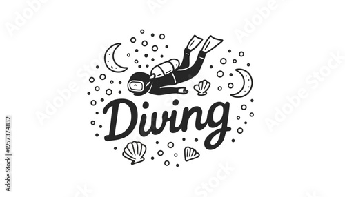 Diving logo with scuba diver and seashells illustration